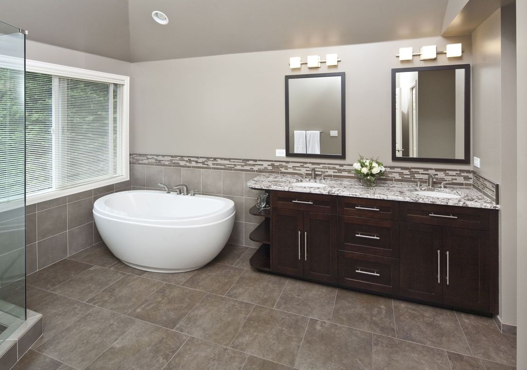 Contemporary Master Bathroom with Casement, Double sink, Salerno porcelain tile storm series gray 12"x24" sku 10101030, Flush