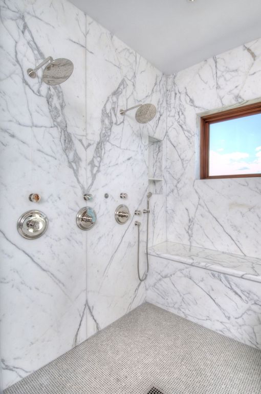 Contemporary Master Bathroom with ceramic tile floors, Standard height, no showerdoor, Emser treasure - prize, Shower