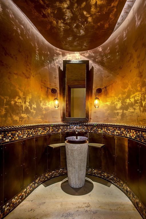Mediterranean Powder Room with Wall sconce, Wall Tiles, complex marble floors, Powder room, Standard height, Vessel sink