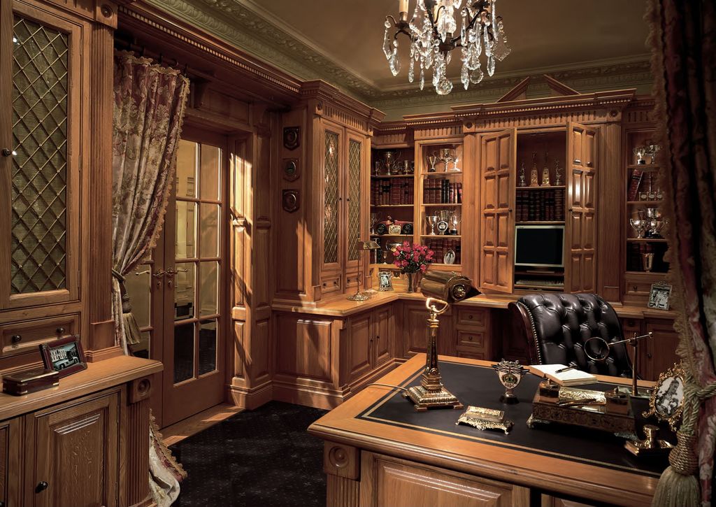 Traditional Home Office with Custom cabinetry - golden oak, Standard height, Lagrange tilt swivel chair with casters, Paint