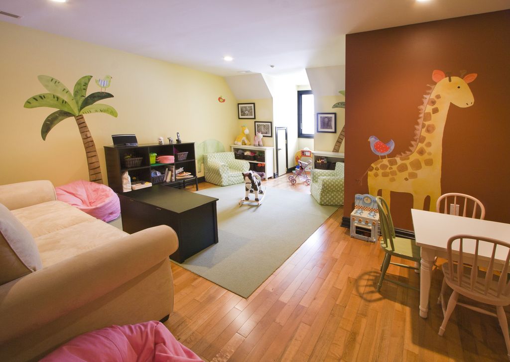 Modern Playroom with Dormer window, Teamson kids enchanted forest kitchen stove, can lights, Casement, Mural, Paint 2