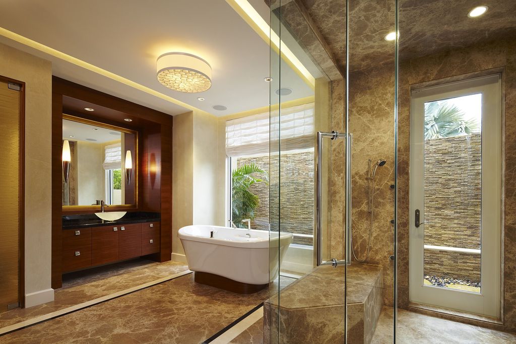 Contemporary Master Bathroom with Custom Frameless Shower, Springfield Linen Shade Ceiling Light, Paint