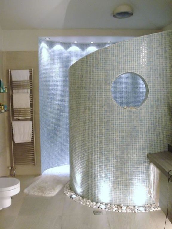 Modern Master Bathroom with Daltile st. moritz cl65, Paint, Glass tile mosaic, large ceramic tile floors, White glass pebbles