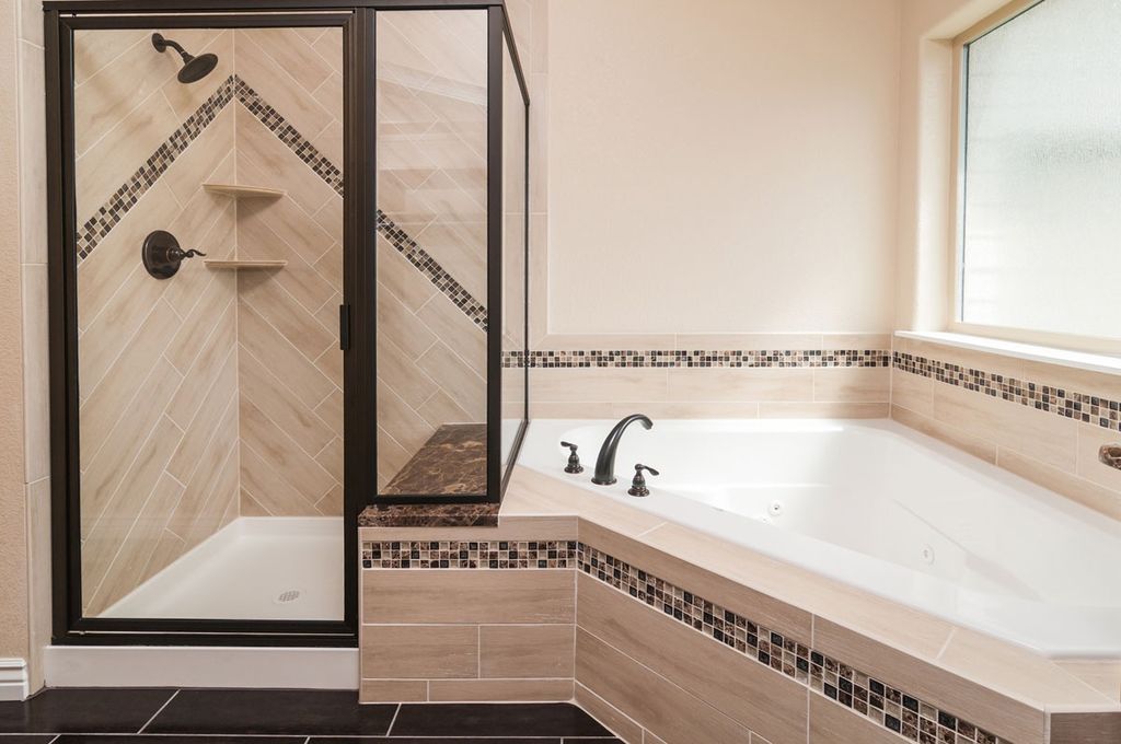 Modern Master Bathroom with American standard scala 60 inch by 60 inch corner bathtub, Porcelain tile, Shower, Bathtub, Paint