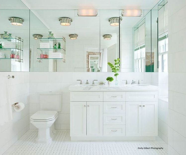 Cottage Full Bathroom with wall-mounted above mirror bathroom light, flush light, Undermount sink, Powder room, Casement
