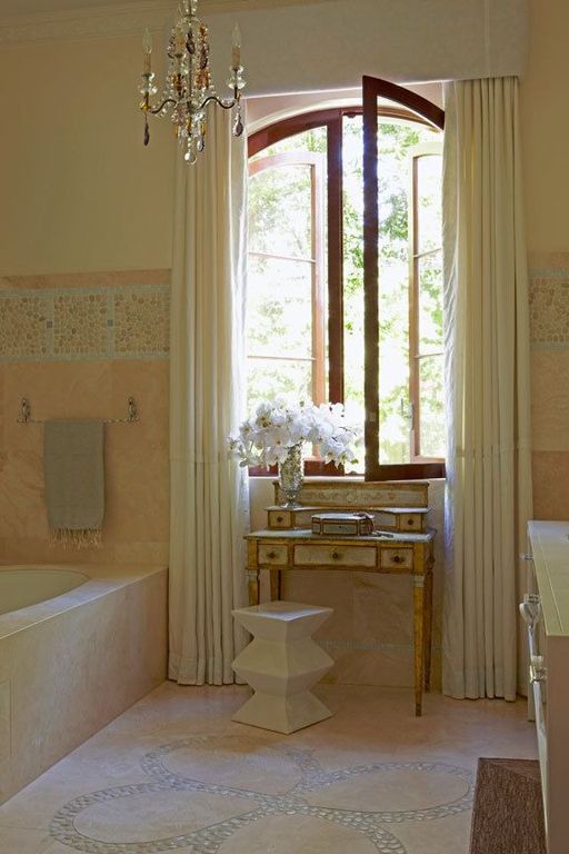 Traditional Master Bathroom with drop in bathtub, Wood counters, Limestone counters, Wall Tiles, Inset cabinets, Bathtub