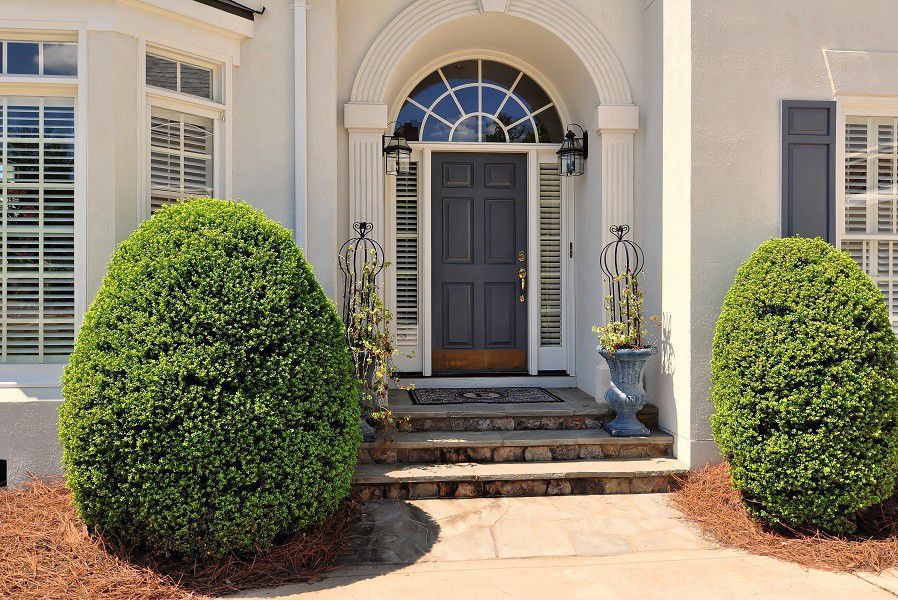 Traditional Front Door with Transom window, six panel door, Casement, exterior stone floors