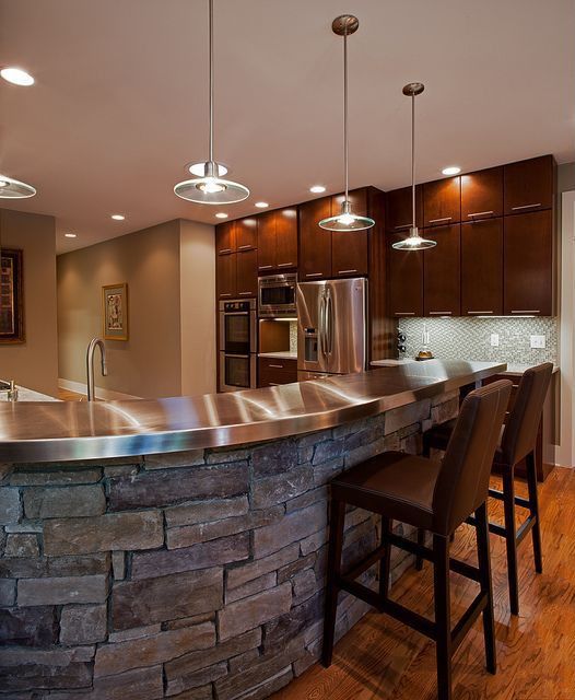 Contemporary Kitchen with Pendant light, Powell 30.25" bar stool, Stainless steel counters, One-wall, Ceramic Tile, Paint