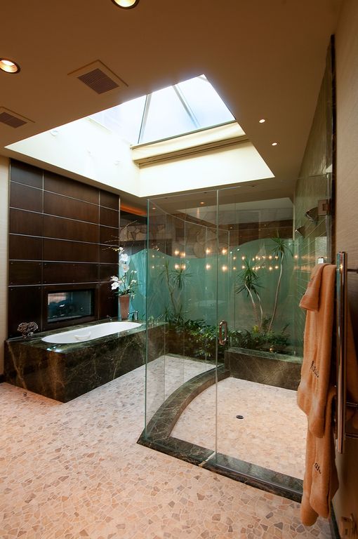 Contemporary Master Bathroom with drop in bathtub, slate floors, Paint 2, Fireplace, can lights, Bathtub, Wall Tiles, Shower