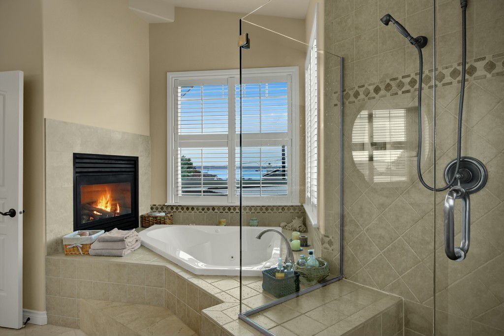 Modern Master Bathroom with drop in bathtub, Wall Tiles, stone tile floors, Standard height, Jetted, Master bathroom, Shower