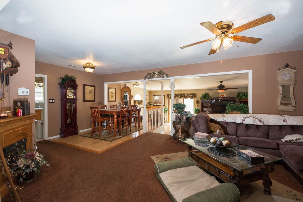 Traditional Living Room with Ceiling fan, Fireplace, Columns, Standard height, Cement fireplace, Carpet