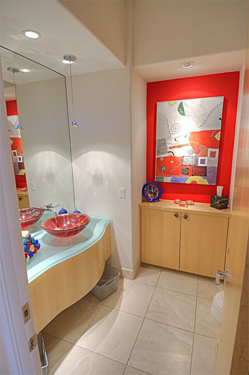 Modern Powder Room with Glass counters, Flush, Vessel sink, Pendant light, High ceiling, Lumirama - tulipina mini pendant