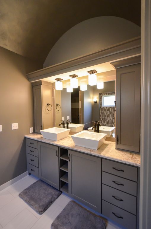 Contemporary Master Bathroom with Ms international tuscany clasic travertine, Double sink, Paint 1, Vessel sink, Wall sconce