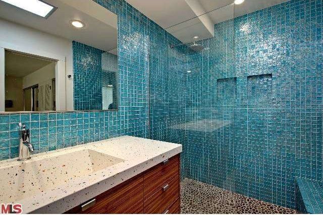 Contemporary 3/4 Bathroom with frameless showerdoor, Rain shower, Flush, Zebrawood cabinets, Wall Tiles, Glass Tile, Shower