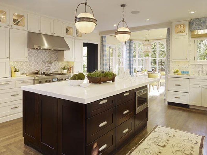 Traditional Kitchen with French doors, Flush, L-shaped, can lights, Large Ceramic Tile, Corian counters, full backsplash