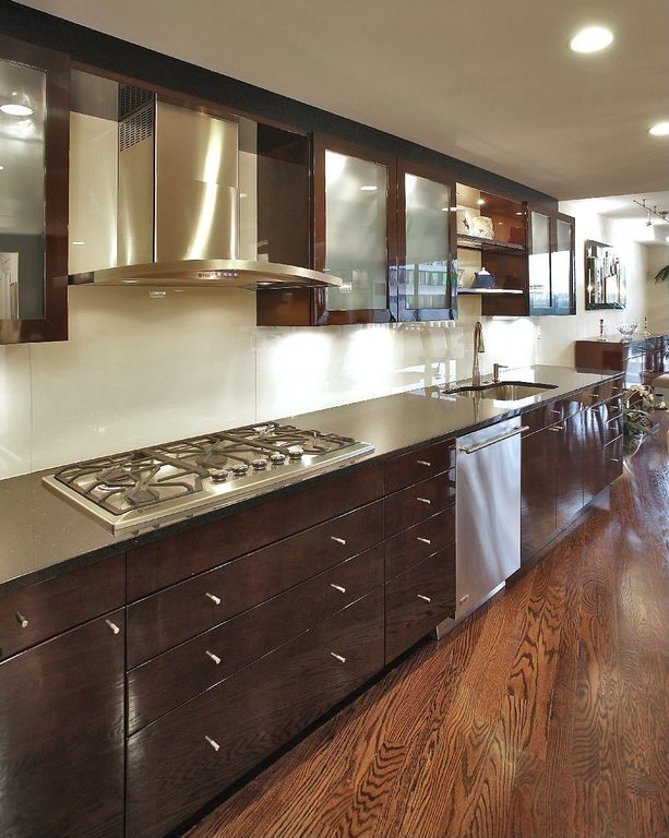 Contemporary Kitchen with electric cooktop, Quartz counters, Glass panel, Flush, One-wall, Wall Hood, Standard height