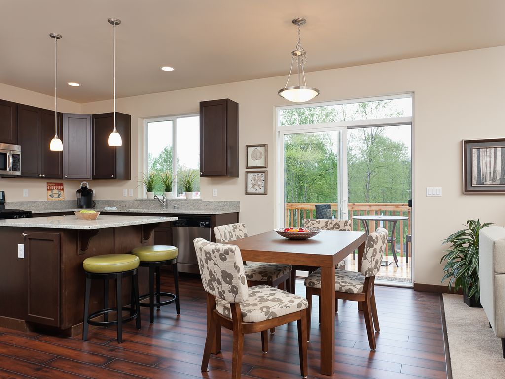 Contemporary Kitchen with sliding glass door, built-in microwave, Kitchen island, Simple Granite, partial backsplash, Balcony