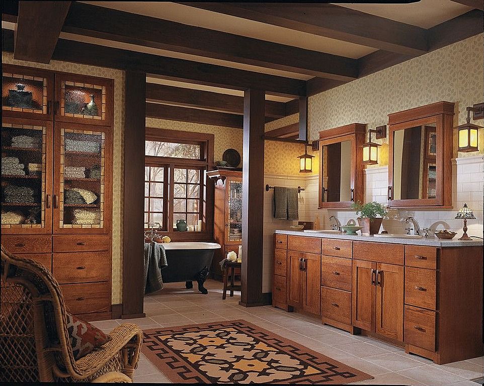 Craftsman Master Bathroom with Double sink, Rejuvenation clawfoot tub with black exterior, Flat panel cabinets, Glass panel