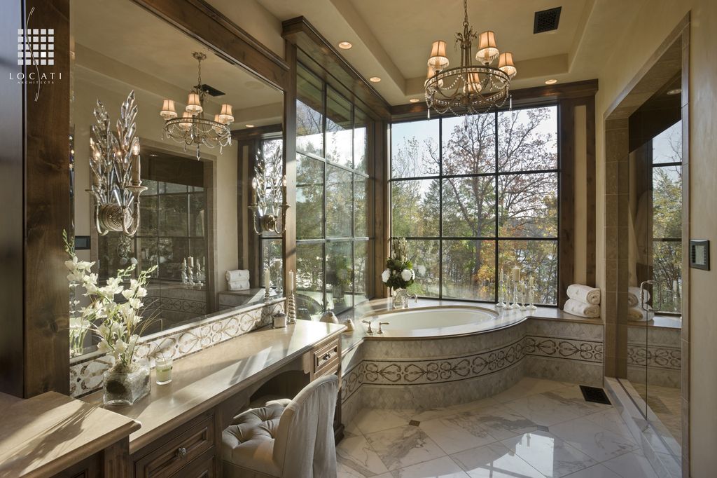 Traditional Master Bathroom with Limestone counters, stone tile floors, partial backsplash, Master bathroom, Trey ceiling