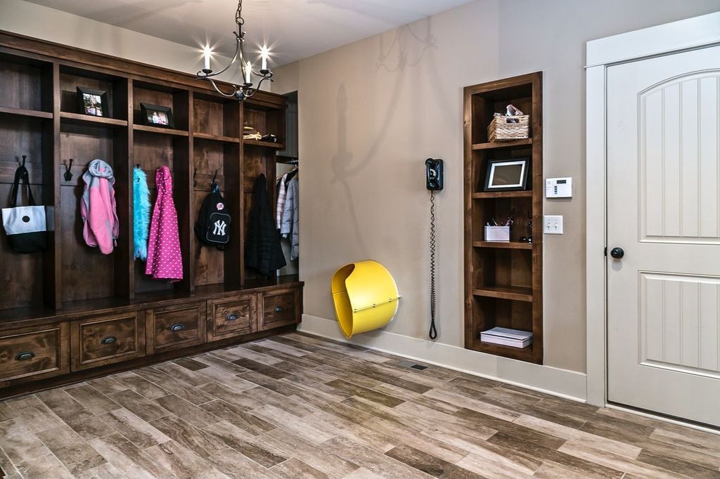 Traditional Mud Room with Built-in bookshelf, Martha Stewart Living Mudroom Hutch, Chandelier, Hardwood floors