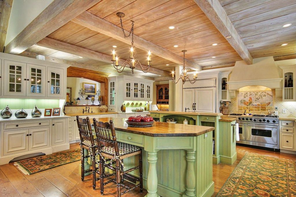 Country Kitchen with Chandelier, Standard height, Paint 2, Raised panel, Exposed beam, Undermount sink, Inset cabinets