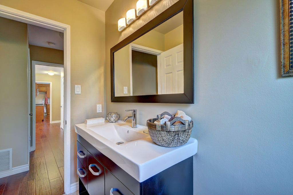 Contemporary Powder Room with Sonneman Lighting Modern Bathroom Light, European Cabinets, Standard height, Flush, Powder room
