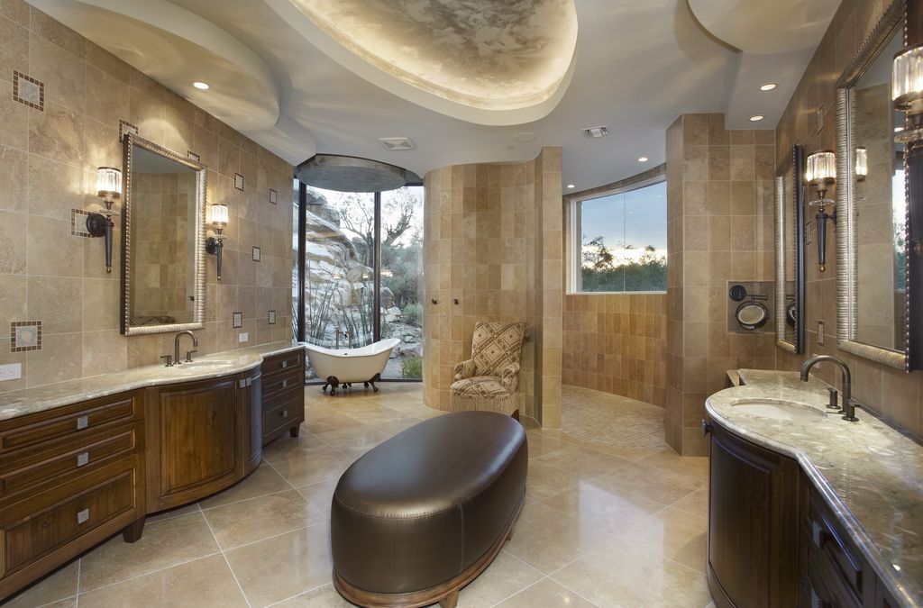 Mediterranean Master Bathroom with Undermount sink, Arizona tile golden ridge, Hidden treasures oval cocktail ottoman, Shower