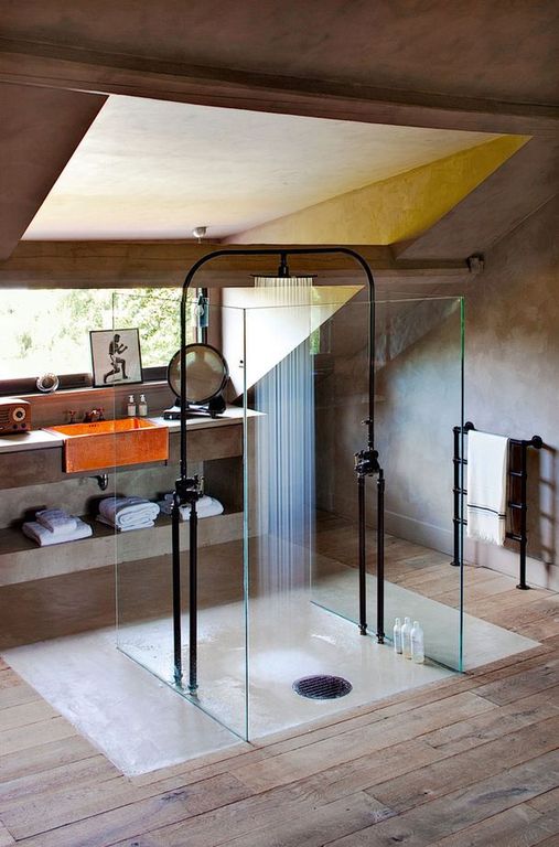 Modern 3/4 Bathroom with Hansgrohe raindance C shower head with 12 inch spray face, picture window, Rain shower, High ceiling