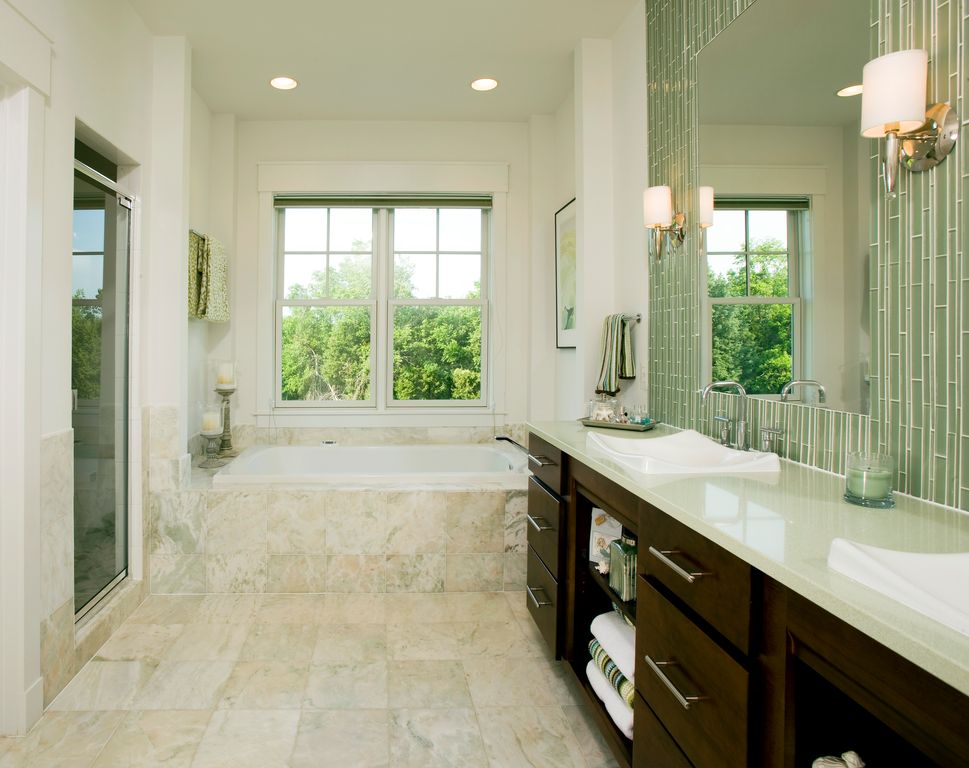 Contemporary Master Bathroom with framed showerdoor, Bathtub, Wall sconce, Standard height, Double sink, Paint, Ceramic Tile