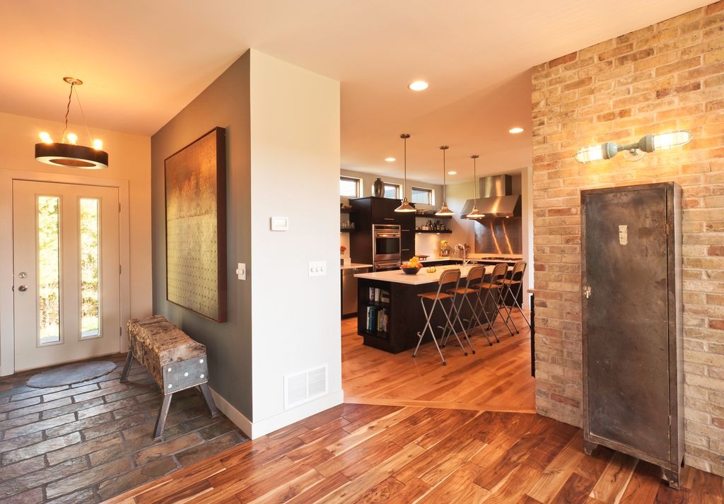 Contemporary Entryway with can lights, Metal Accent Bench Modern Vintage Rustic Style Vintage Brown Industrial Entryway