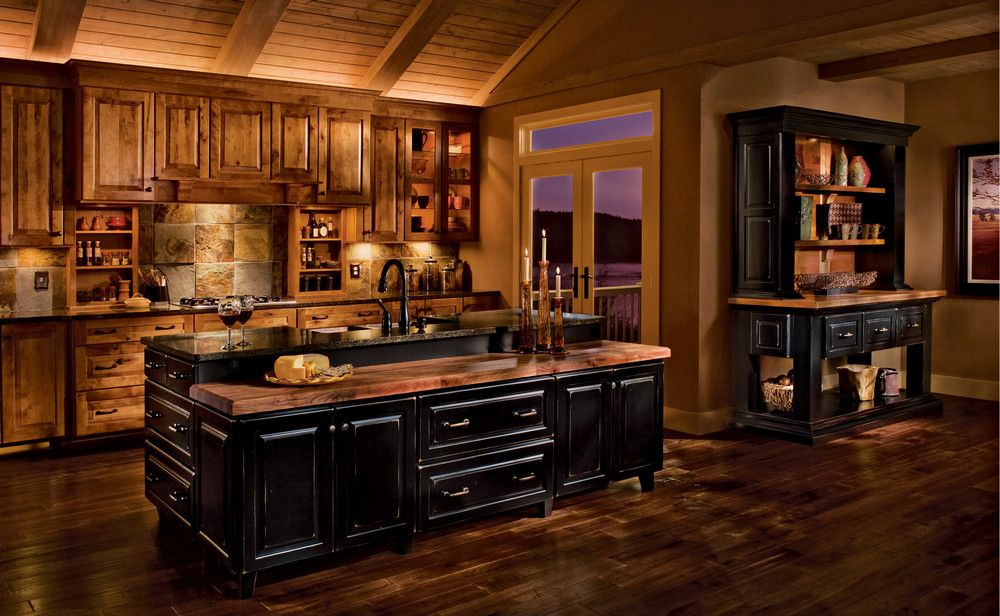Rustic Kitchen with Transom window, French doors, Simple granite counters, Raised panel, full backsplash, High ceiling, Flush