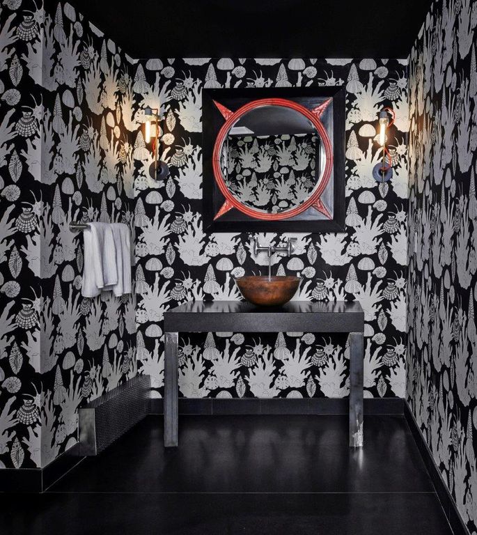 Eclectic Powder Room with Soapstone counters, Vessel sink, Powder room, Standard height, interior wallpaper, Wall sconce