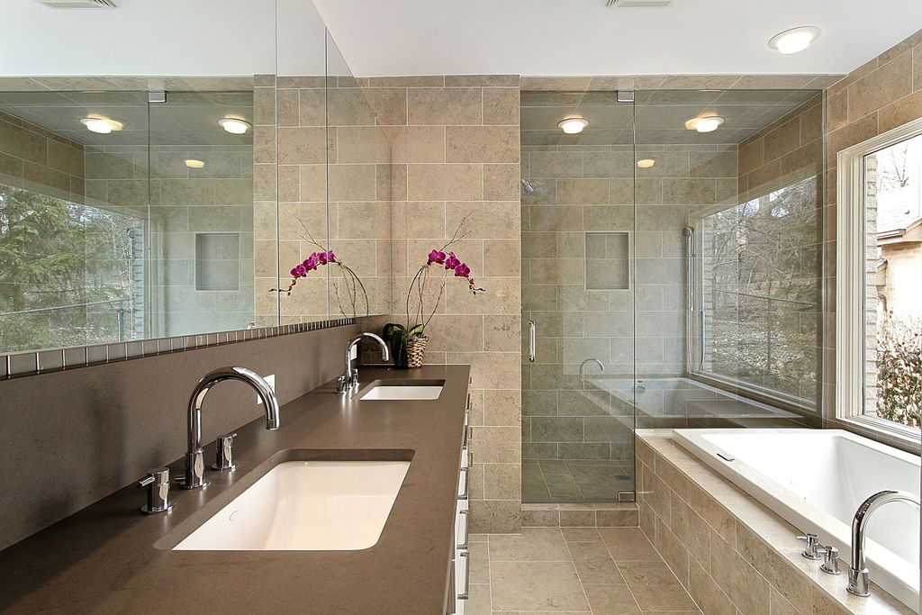Contemporary Master Bathroom with Simple marble counters, Paint, flush light, partial backsplash, frameless showerdoor