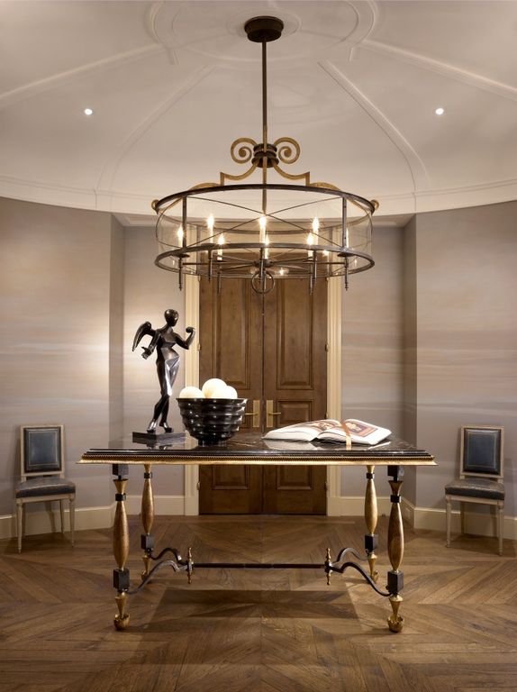 Contemporary Entryway with Restoration hardware riveted mesh round chandelier 40", interior wallpaper, Chandelier, can lights