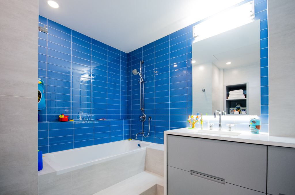 Contemporary Full Bathroom with Mod Walls Lush True Blue - 3x6 Glass Subway Tile, European Cabinets, Undermount sink, Flush