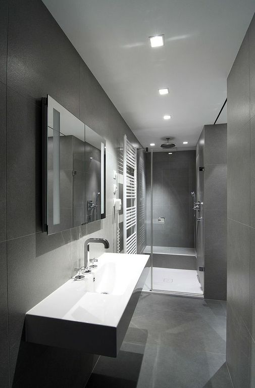 Contemporary 3/4 Bathroom with can lights, Beton concrete 18 in. x 18 in. glazed porcelain floor and wall tile, Wall Tiles