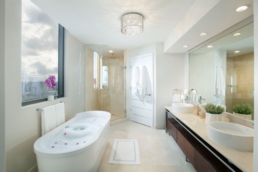 Contemporary Master Bathroom with Vessel sink, Standard height, Bathtub, Freestanding, Rain shower, frameless showerdoor