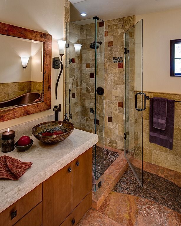 Rustic 3/4 Bathroom with Vigo Glass Vessel Bathroom Sink and Blackstonian Faucet Set, Rain shower, Paint 1, Flush, can lights