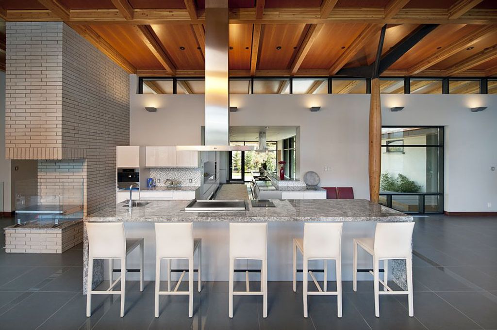 Contemporary Kitchen with Kitchen island, Breakfast bar, Pental - parc porcelain in concrete polished, Box ceiling, L-shaped