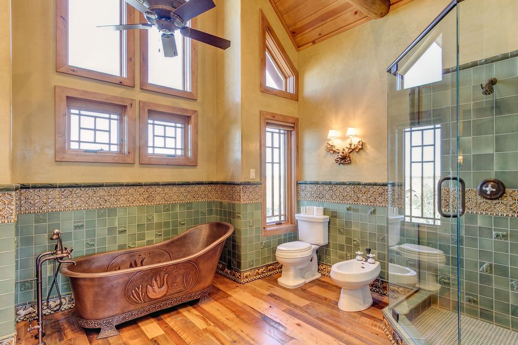 Craftsman Master Bathroom with Paint 1, Wall tile, animal art, decorative tile, Hardwood floors, Exposed beam, Casement