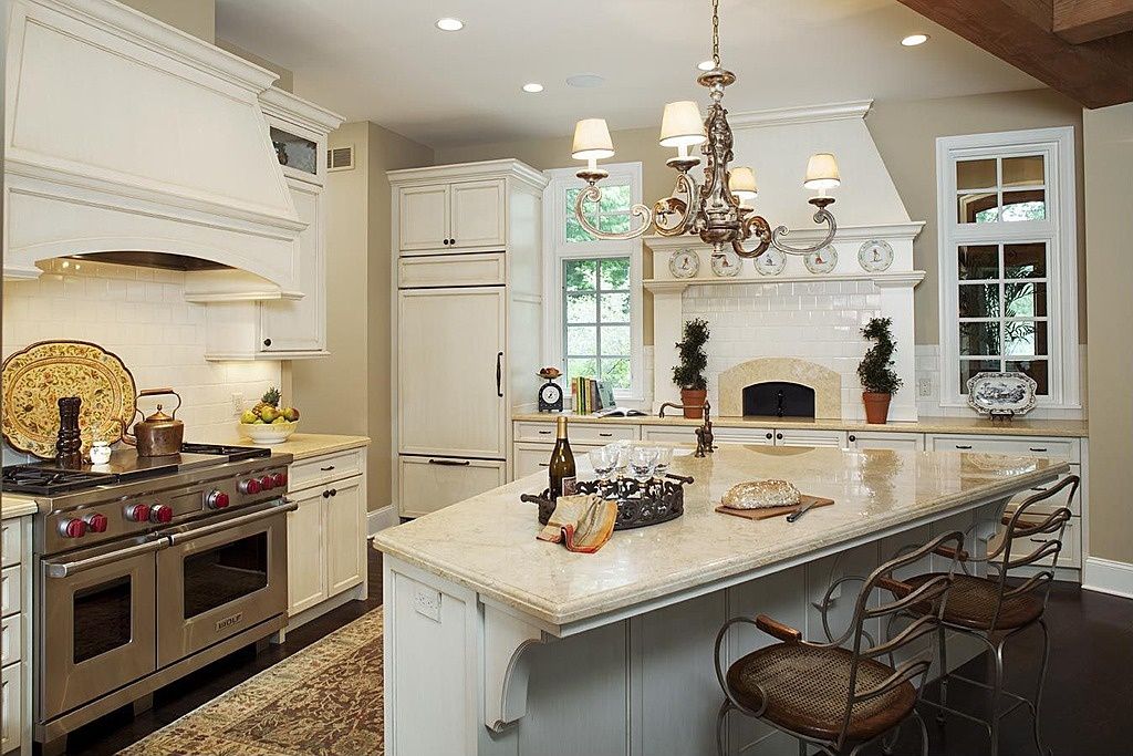 Country Kitchen with Kitchen island, full backsplash, Glass panel, Casement, Standard height, Undermount sink, L-shaped