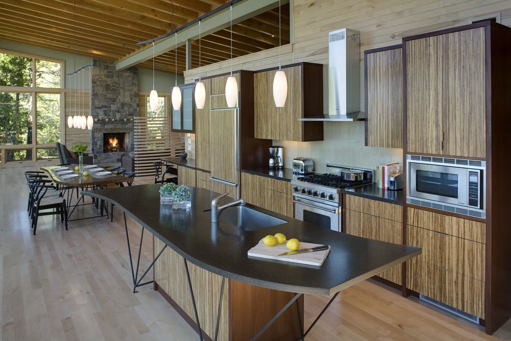 Contemporary Kitchen with Undermount sink, One-wall, Wall Hood, gas range, Breakfast nook, Soapstone counters, Pendant light