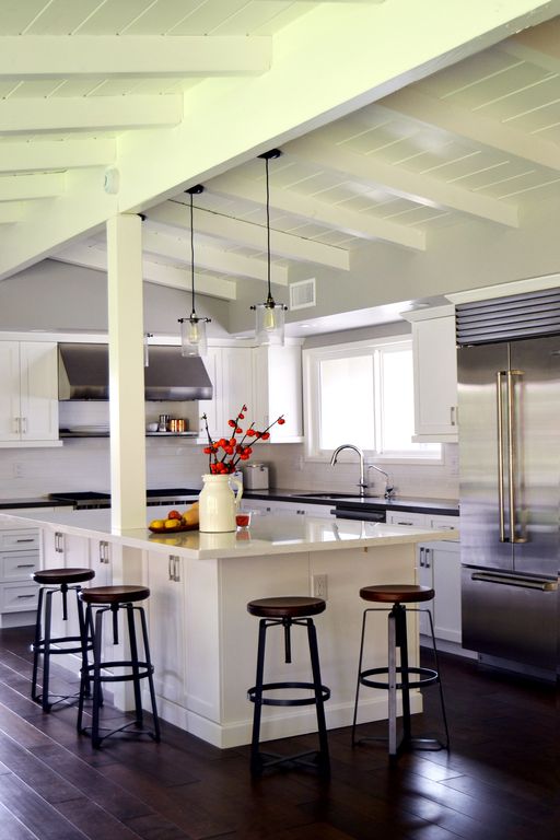 Cottage Kitchen with Paint 3, Corian counters, High ceiling, Breakfast bar, Pendant light, Wilsonart - designer white d354sl