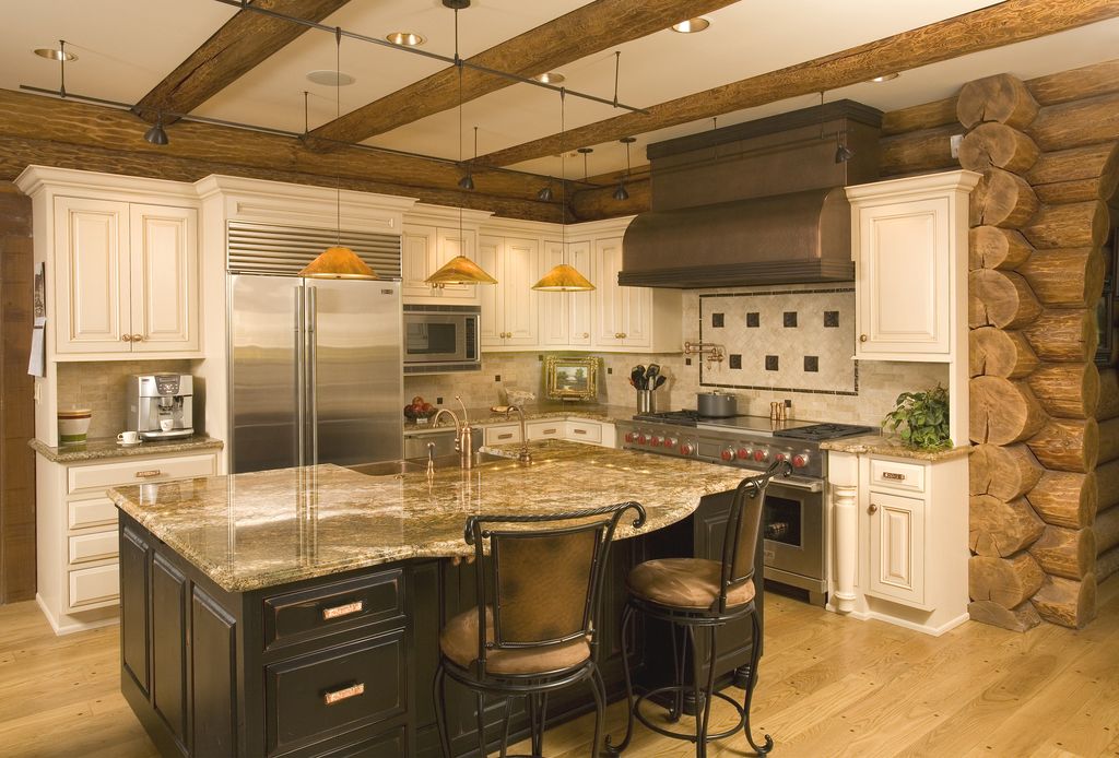 Rustic Kitchen with built-in microwave, Exposed beam, full backsplash, Built In Refrigerator, Wall Hood, double oven range