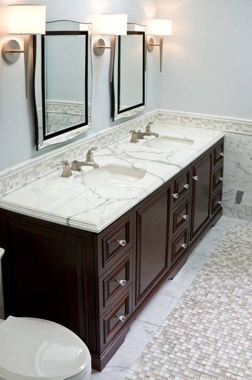 Traditional Master Bathroom with Marble Statuary by Quarry Collection, Raised panel, High ceiling, limestone tile floors