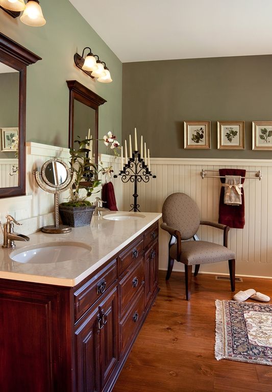 Traditional Master Bathroom with Hardwood floors, Pottery barn mercer double towel bar, Paintable white beadboard, Paint 1
