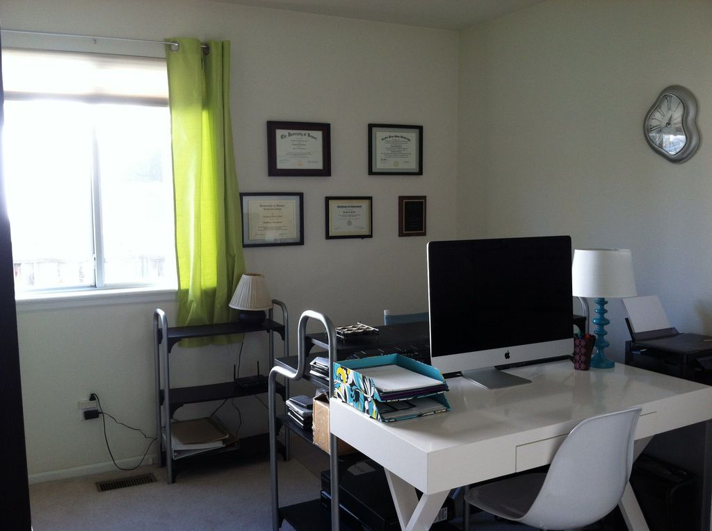 Contemporary Home Office with Casement, Standard height, Carpet