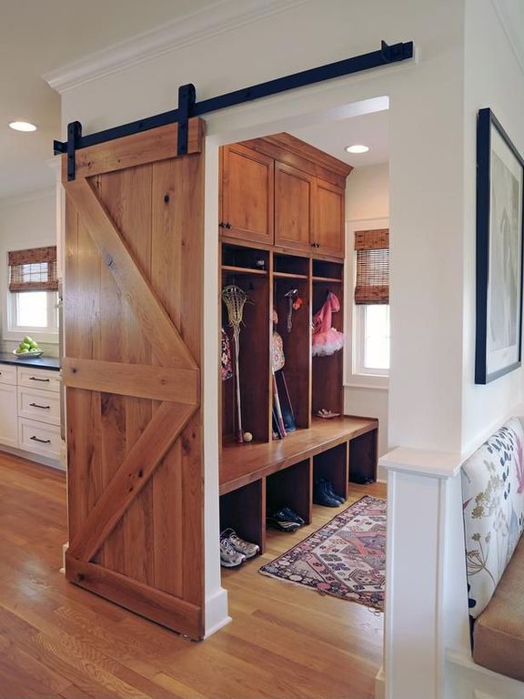 Country Mud Room with Custom barn door room divider reclaimed pine barn ...