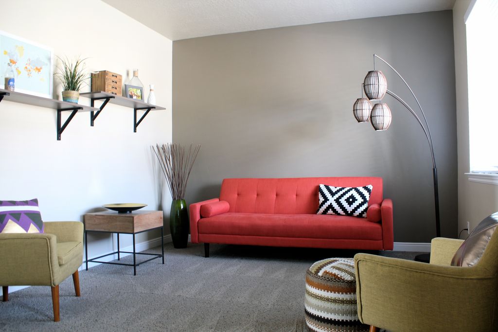 Modern Living Room with Maui Arched Floor Lamp, Carpet